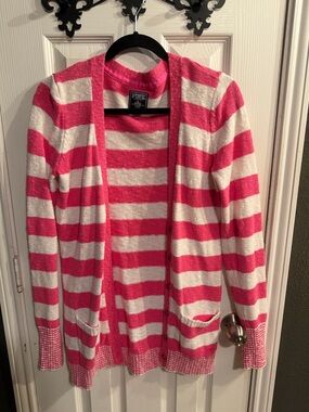 2000s Pink and White Striped Open-Front Women's Cardigan Sweater